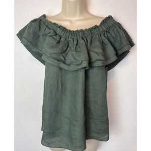 Young Fabulous & Broke Linen Off Shoulder Top Large Ruffle YFB Olive Green #4742